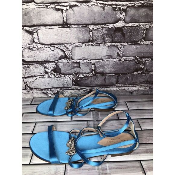 Dee Ocleppo Turquoise Blue Satin Rhinestone Bow AnkleStrap Flat Sandals Women 40 - Picture 1 of 16